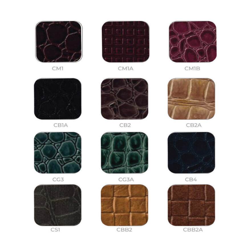Swatch board with crocodile-patterned PU leather samples in black, navy, and deep brown